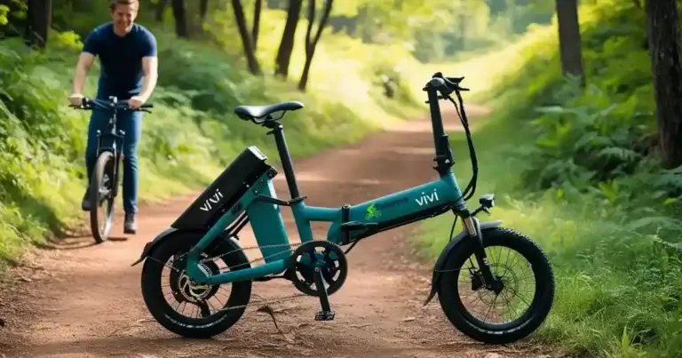 A close-up of Vivi Ebike accessories such as a suspension seat post, padded grips, and a high-performance battery, designed to boost the bike's performance and comfort in 2025.