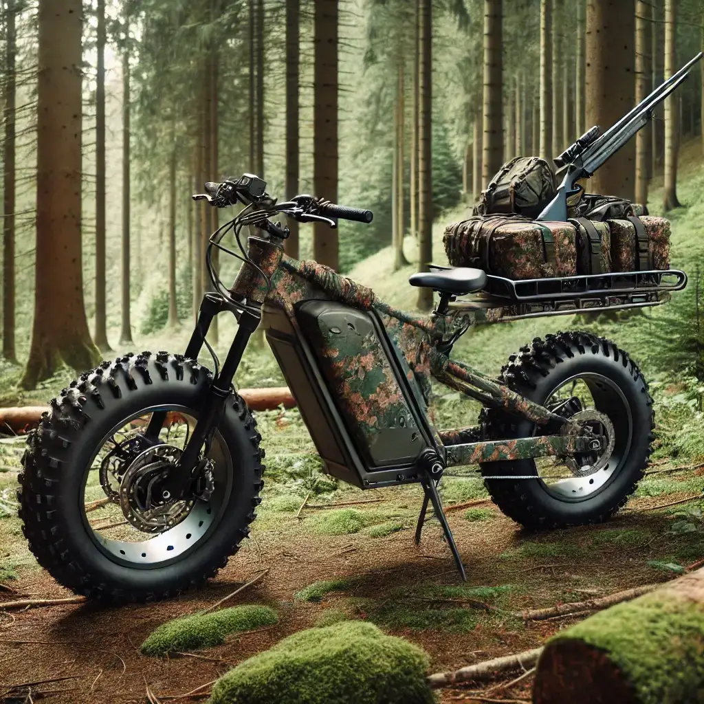 Best eBike for Hunting navigating rugged terrain with hunting gear attached.
