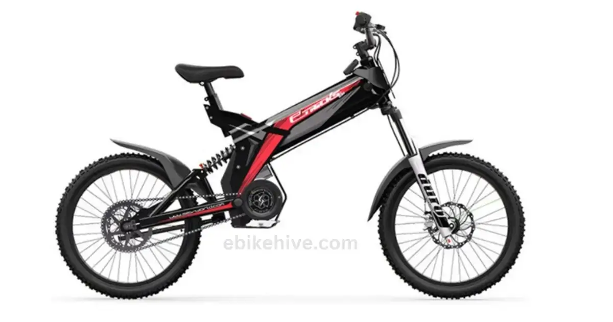 High-performance electric off-road bike riding through rugged terrain