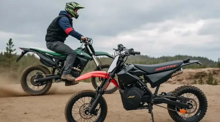Dirt bike electric mid-jump on a rugged trail, showcasing the power and agility of modern electric off-road motorcycles